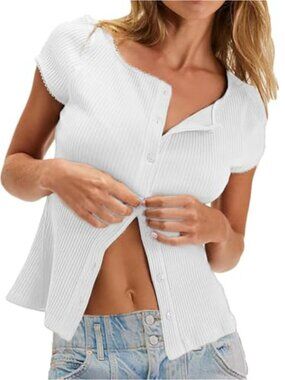 Ribbed Knit Cropped Button Down Cardigan Short Sleeve Slim Fit Summer Top